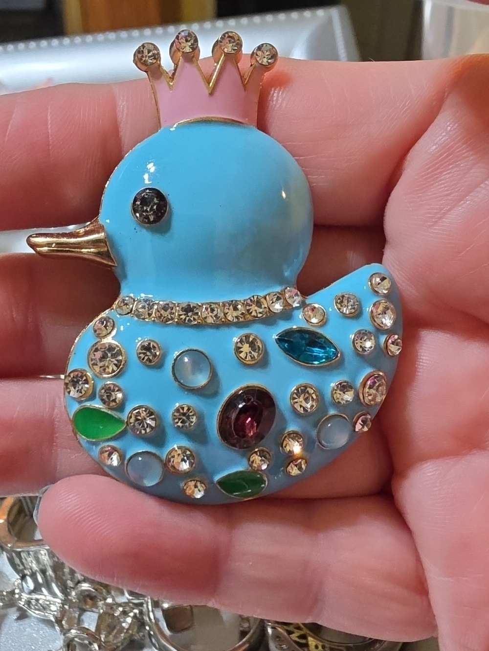 A18- Blue Jeweled Duck Brooch with Pink Crown